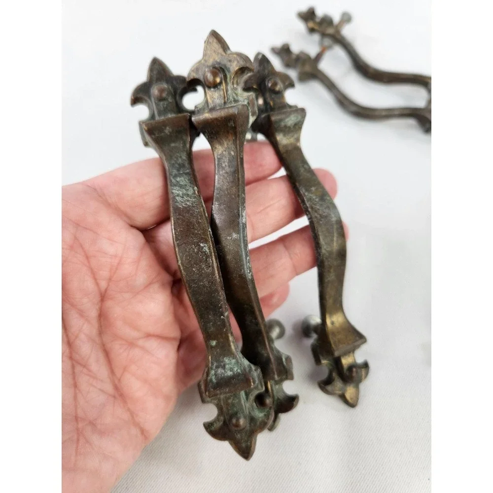 Set 10 Vintage Gothic Fleur de Lis Drawer Pulls Eastlake Brass Cabinet Handles